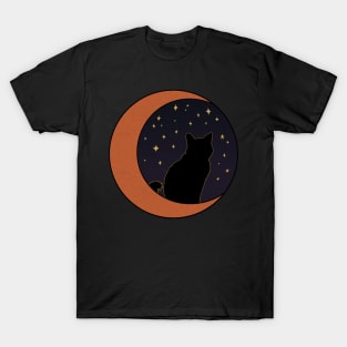 Black Cat and Rose Gold Crescent Moon T-Shirt